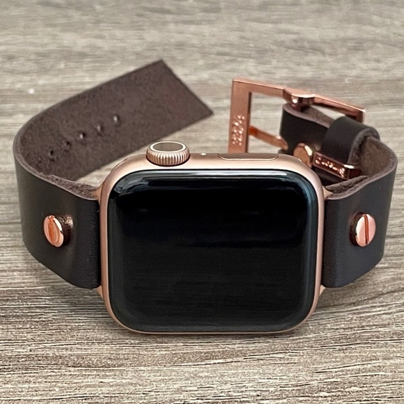 Apple iWatch Series 7 Dark Brown Leather Band Rose Gold Jewelry Strap Bracelet main image 3